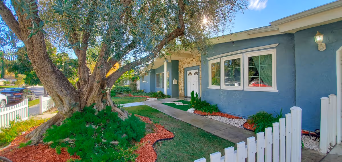 Blue single-story building front with a paved walkway, white picket fence, landscaped yard and a large tree.