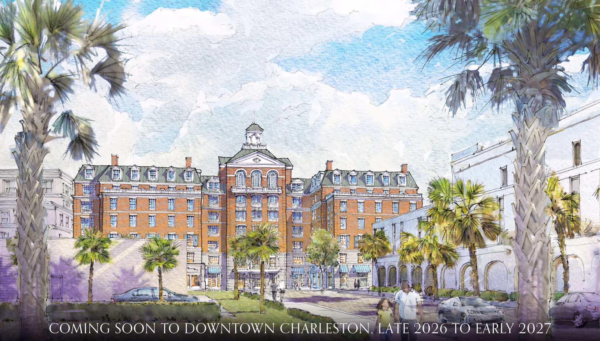 Watercolor rendering of a large brick retirement building with palm trees.
