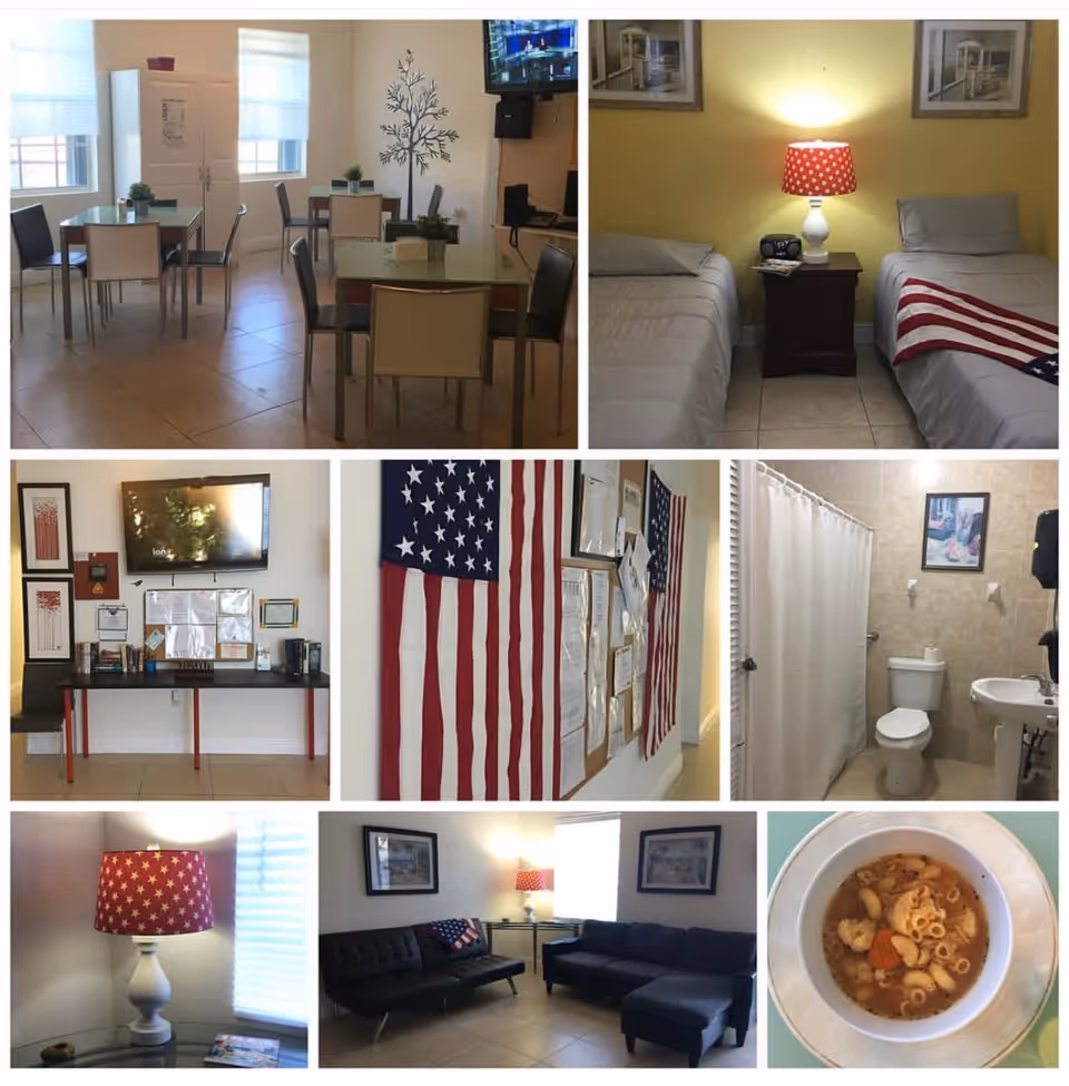 Collage of an interior senior living facility showing dining area, bedrooms, lobby, and restroom.