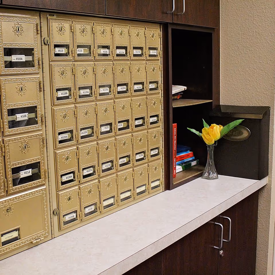 A set of gold-colored mailboxes with numbered labels mounted on a wall above a countertop. To the right, there is a dark wooden shelving unit with a few books and a small vase holding a yellow flower. A black mailbox labeled 'Mail' is also on the countertop.
