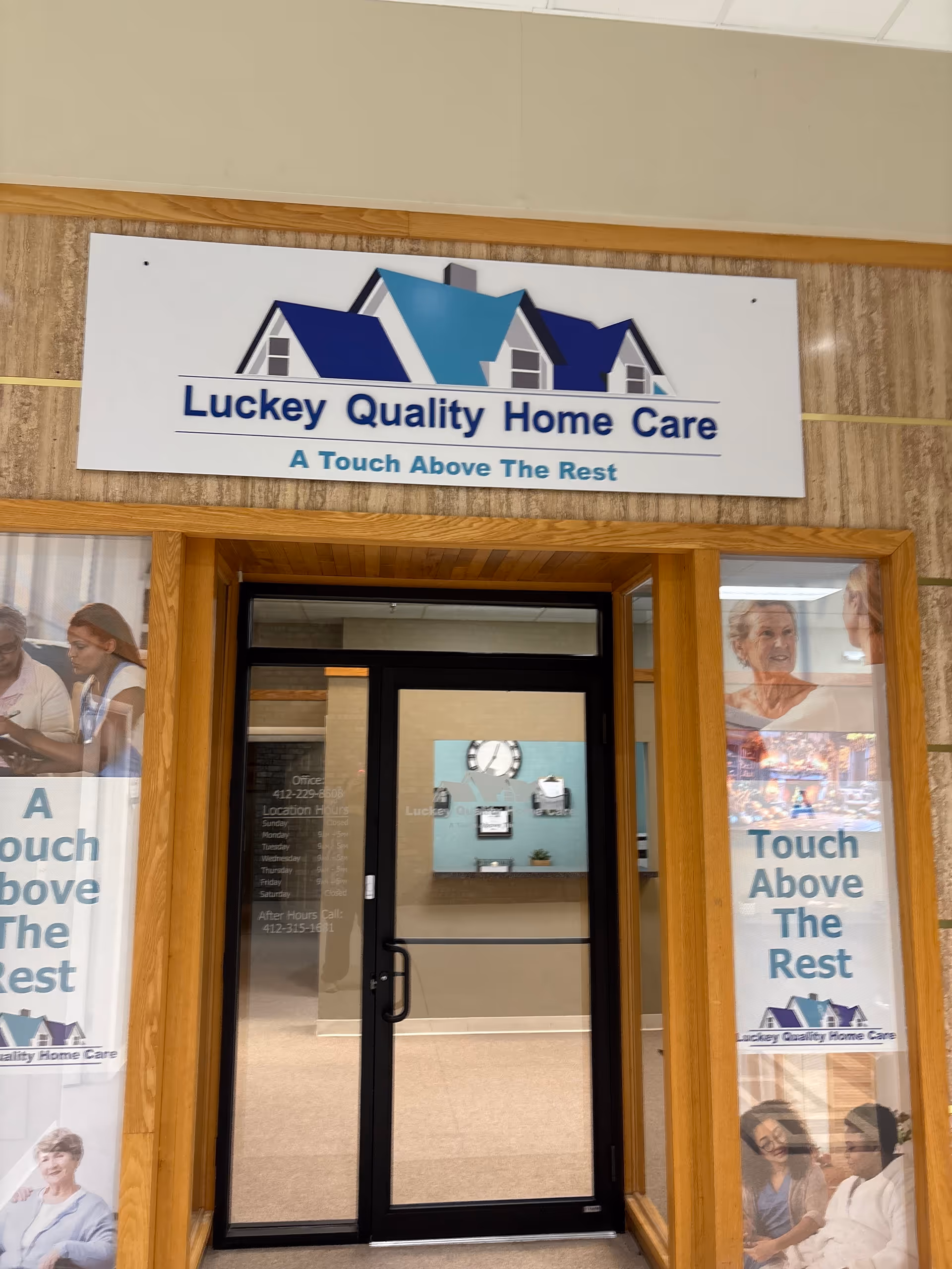 Entrance to Luckey Quality Home Care with sign and glass door.