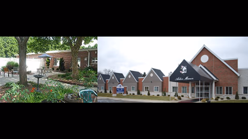 Outdoor garden courtyard on left and Arbor Manor Care Center exterior on right.