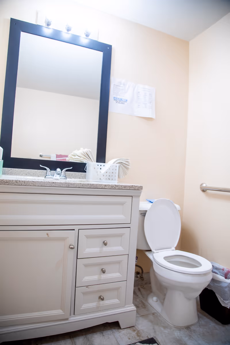 Bathroom vanity with sink, mirror, toilet, and grab bar.