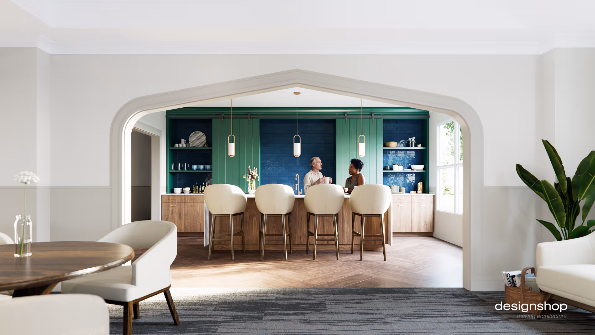Two residents chat at a bar-height counter in a modern arched kitchen.