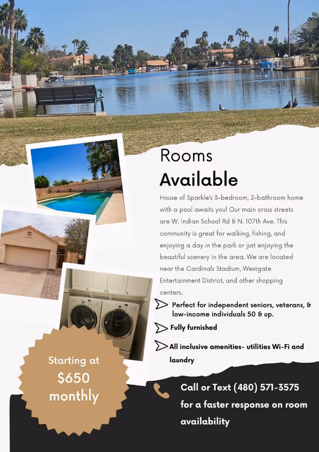 Promotional collage advertising available rooms, featuring an outdoor lake view, pool, house exterior, and laundry.
