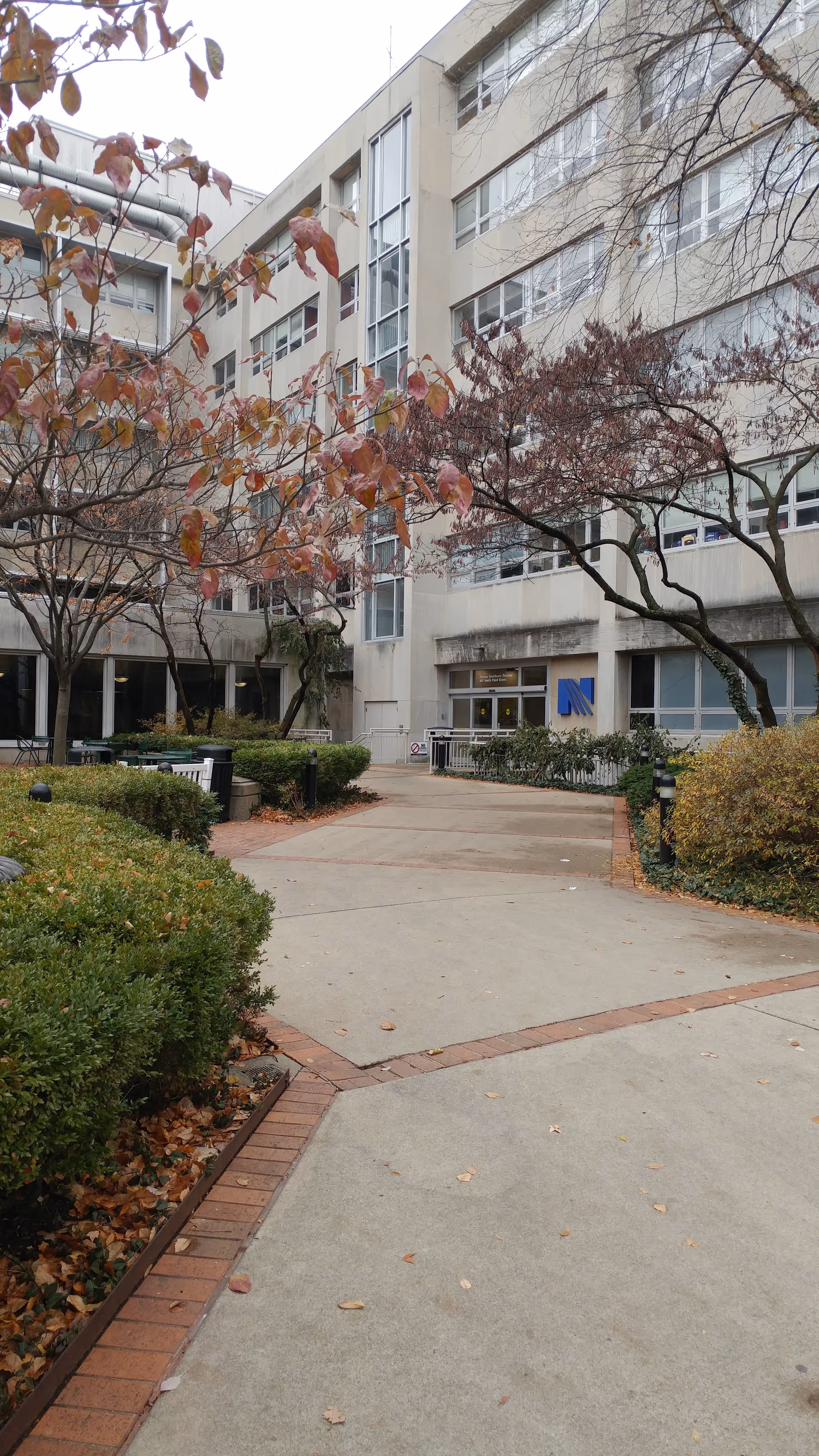 Exterior view of a modern multi-story facility with a walkway and autumn trees.