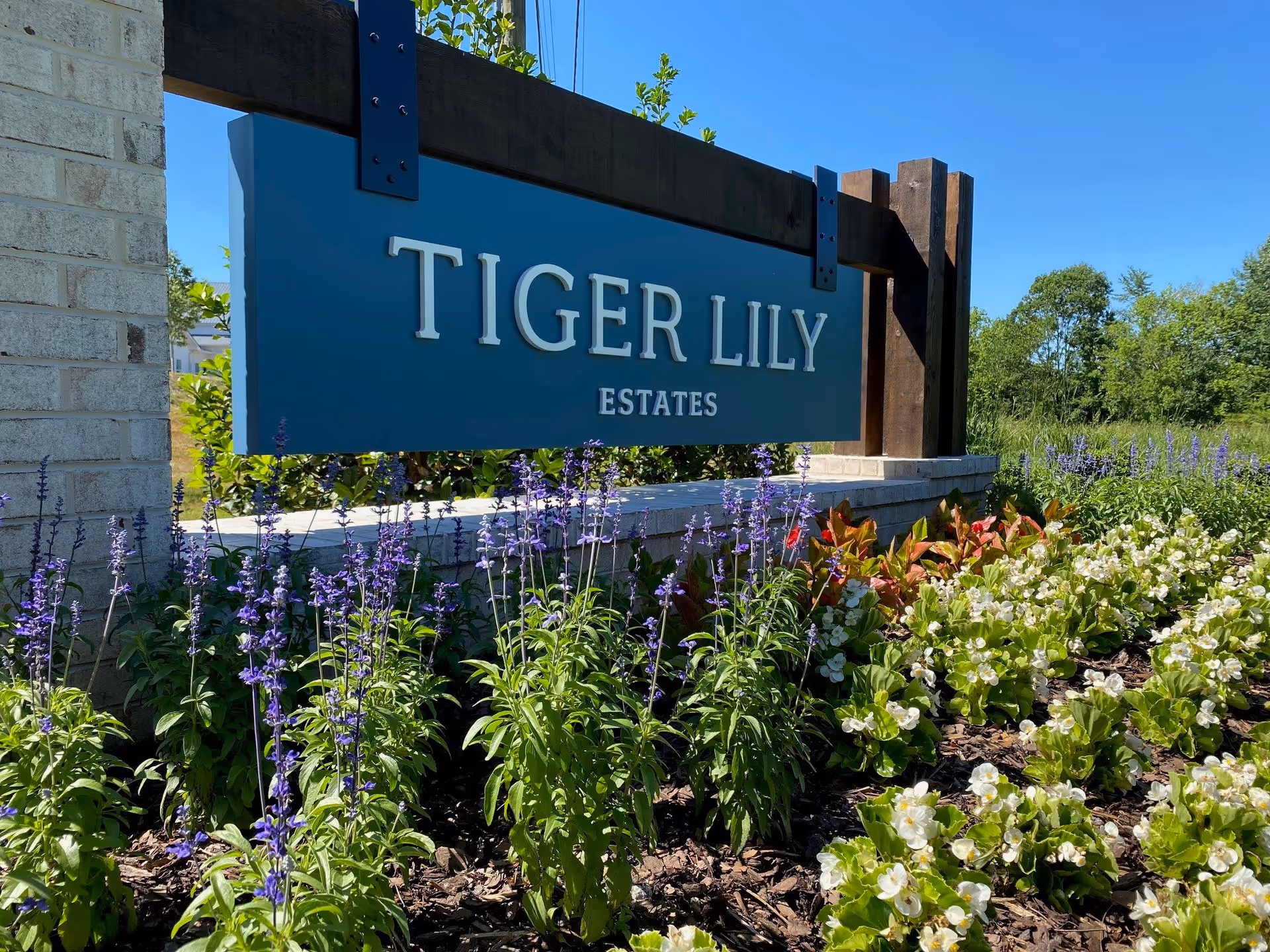 Outdoor sign for Tiger Lily Estates surrounded by purple and white flowers with green foliage and trees in the background under a clear blue sky.