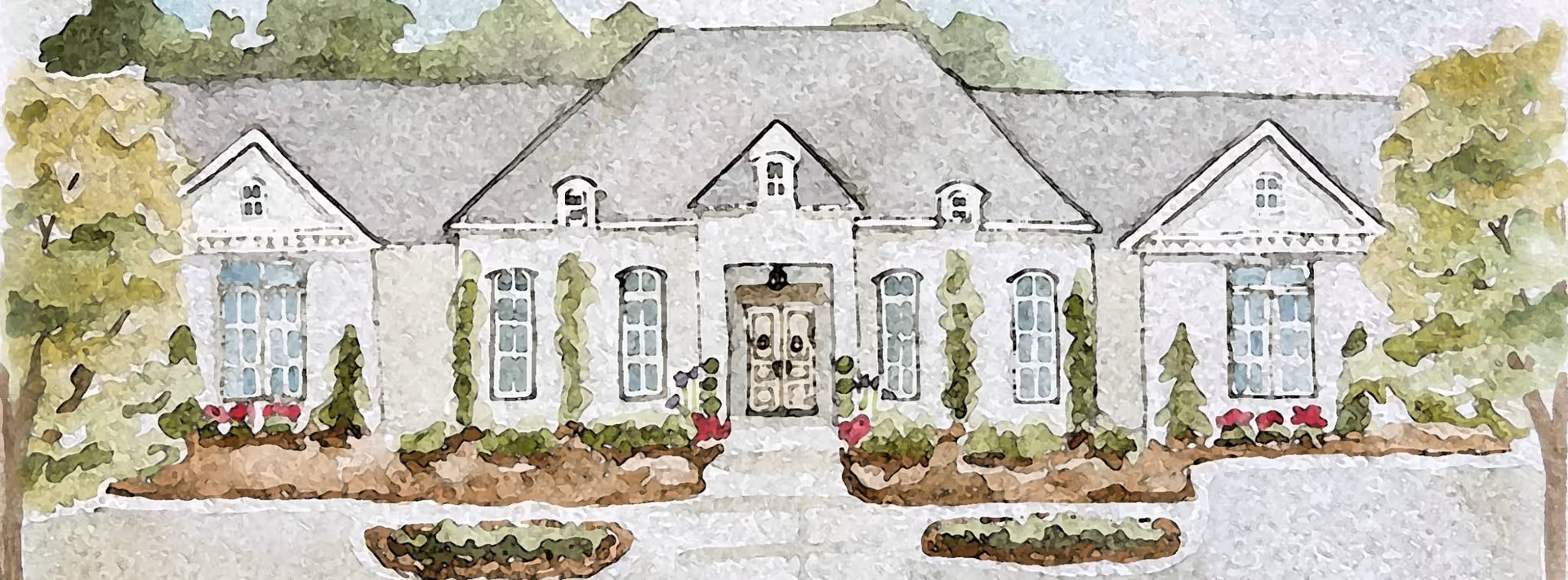 Front view of a senior living facility with a grand entrance and manicured landscaping.