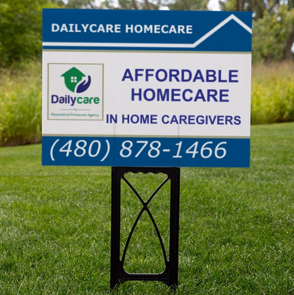 Outdoor lawn sign advertising DailyCare Homecare and in-home caregiving services.