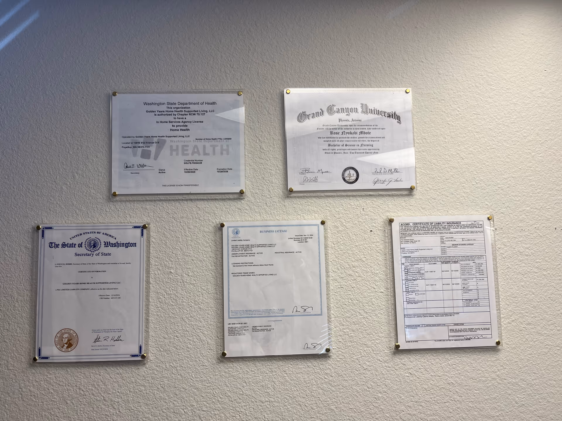 Six framed certificates and licenses mounted on a textured light-colored wall.