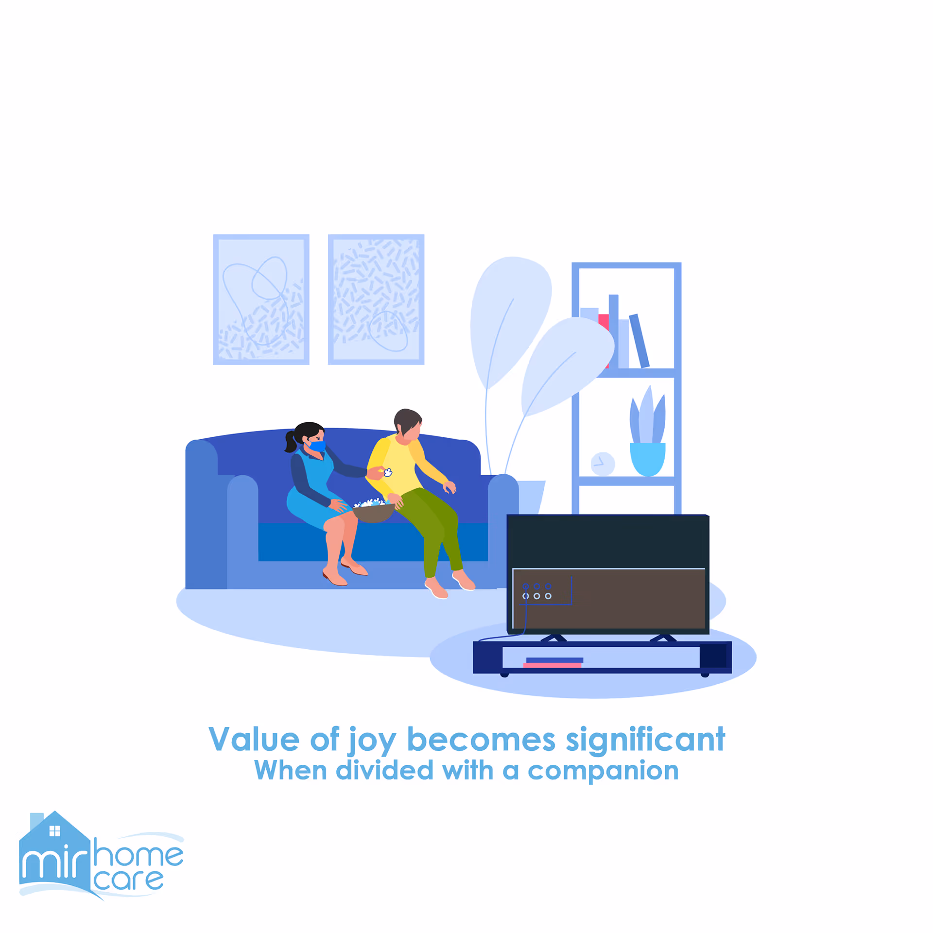 Illustrated living room with two people on a blue couch watching TV.