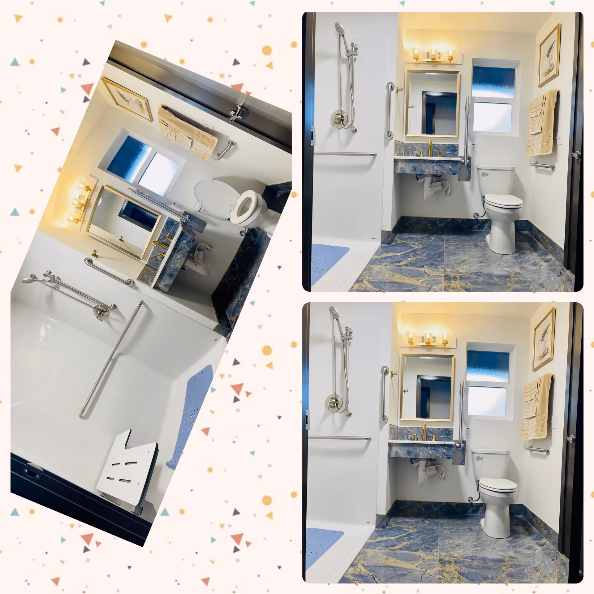 Accessible bathroom with shower, toilet, sink, grab bars, and blue marble floor tiles.