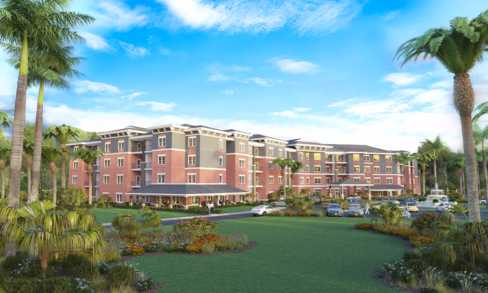 Exterior view of a large, multi-story senior living facility named Keystone Place at Terra Bella, surrounded by palm trees, landscaped gardens, and a parking area with several cars under a blue sky with scattered clouds.