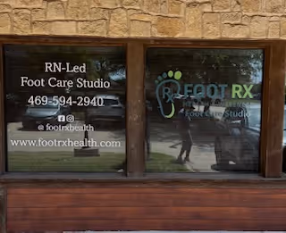Exterior storefront window showing Foot RX Health and Wellness logo and contact information.