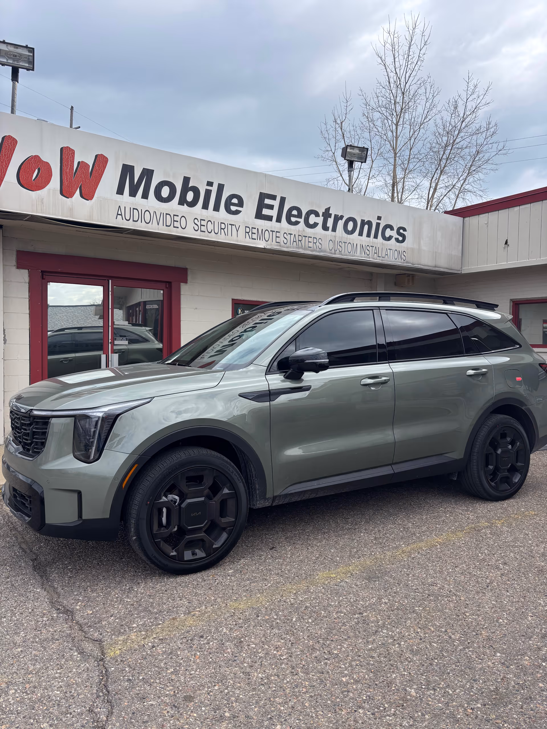A grey SUV parked in front of a storefront sign that reads Low Mobile Electronics.