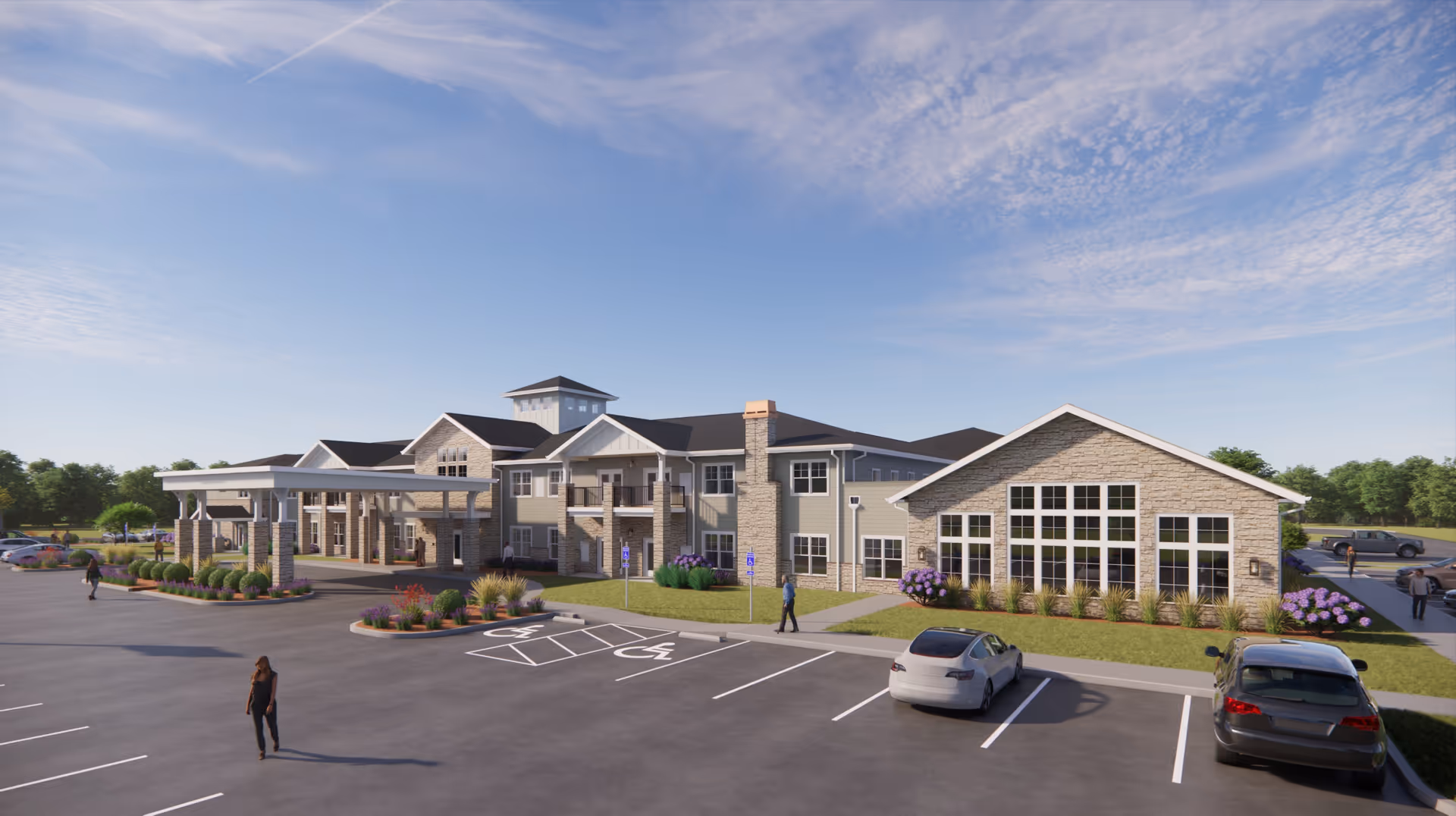 Exterior view of Cedarhurst Senior Living of Lincoln, a modern multi-wing building with parking.