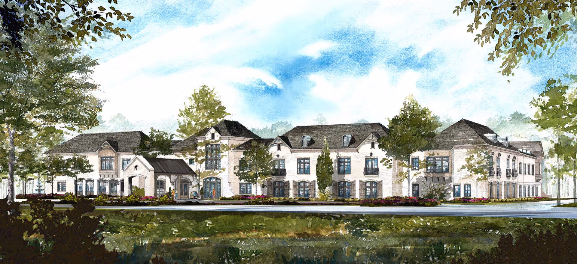 Artistic rendering of a large, elegant senior living facility building surrounded by trees and landscaping under a partly cloudy sky.