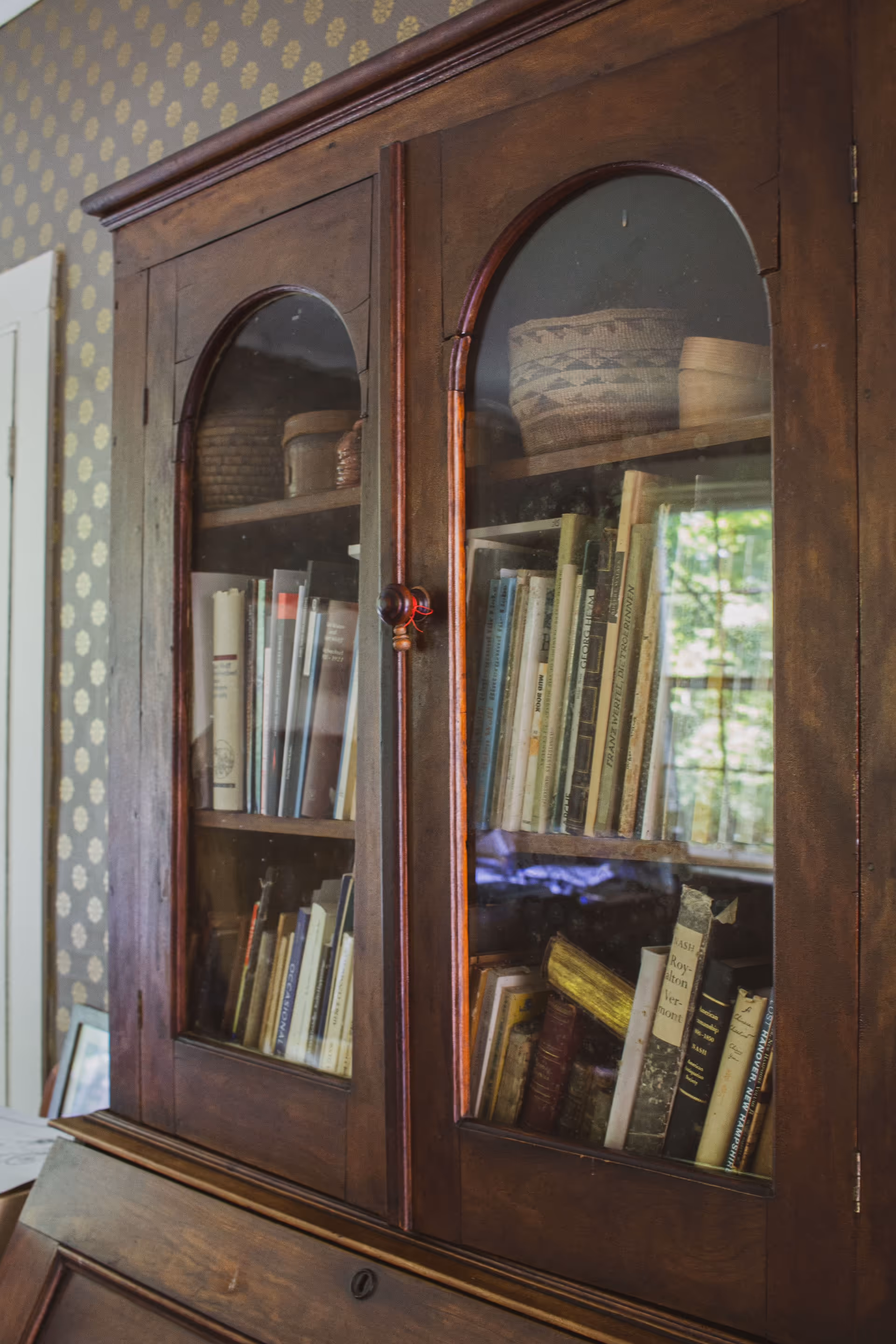 A dark wooden glass-front cabinet filled with books in a patterned room.