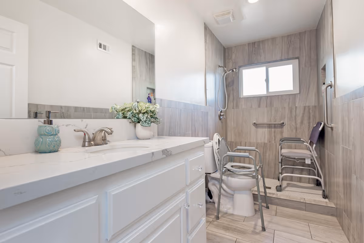 A modern bathroom with a white vanity and marble countertop, featuring a sink with a silver faucet, a decorative blue owl soap dispenser, and a small potted plant. The bathroom has a walk-in shower with a handheld showerhead, grab bars, and a shower chair. There is a window above the shower area allowing natural light in, and the walls and floor are tiled in a light gray tone.