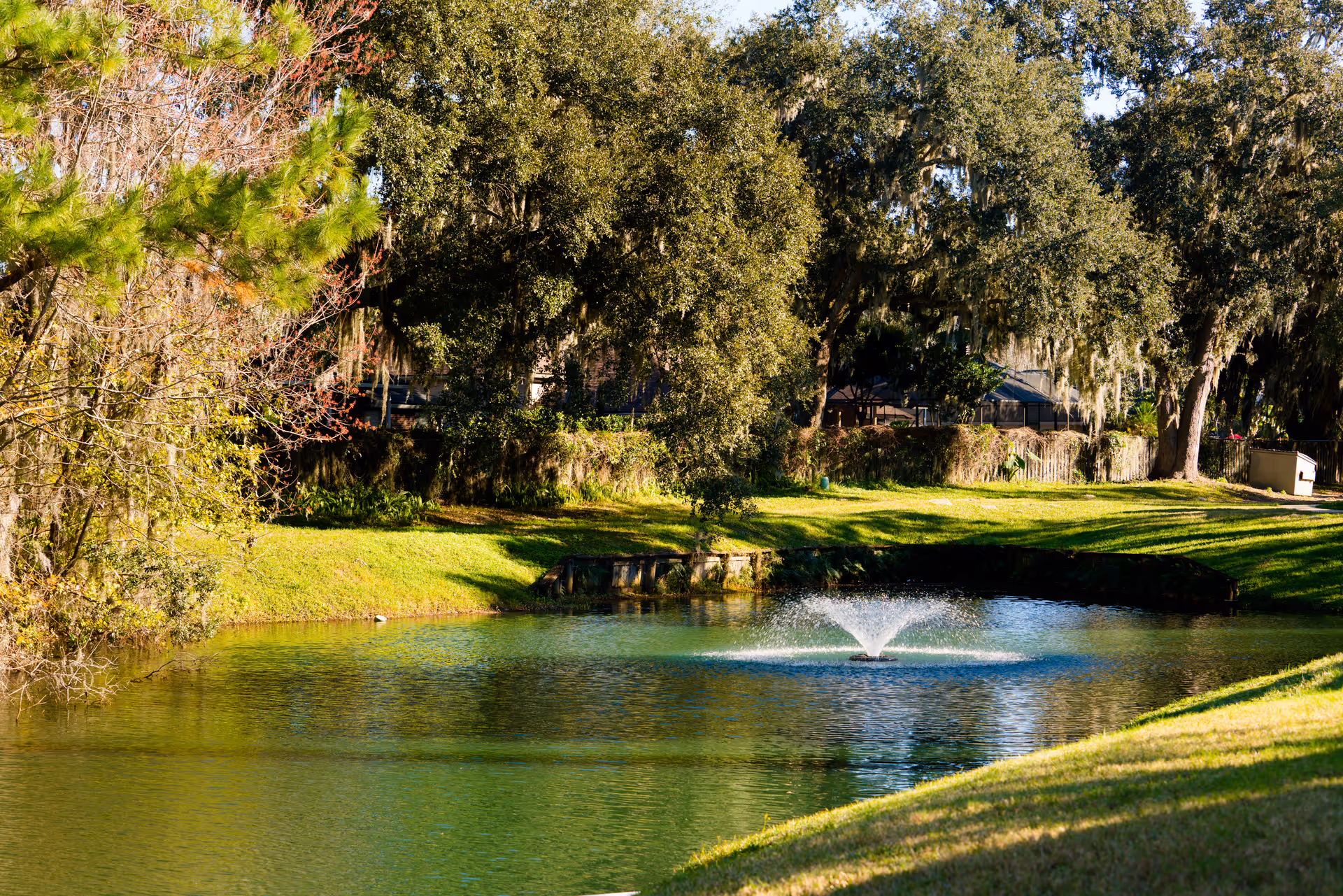A tranquil outdoor scene with a pond, fountain, and grassy lawn