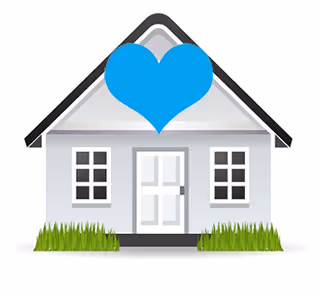 Illustration of a grey house with a blue heart above the roof and green grass.