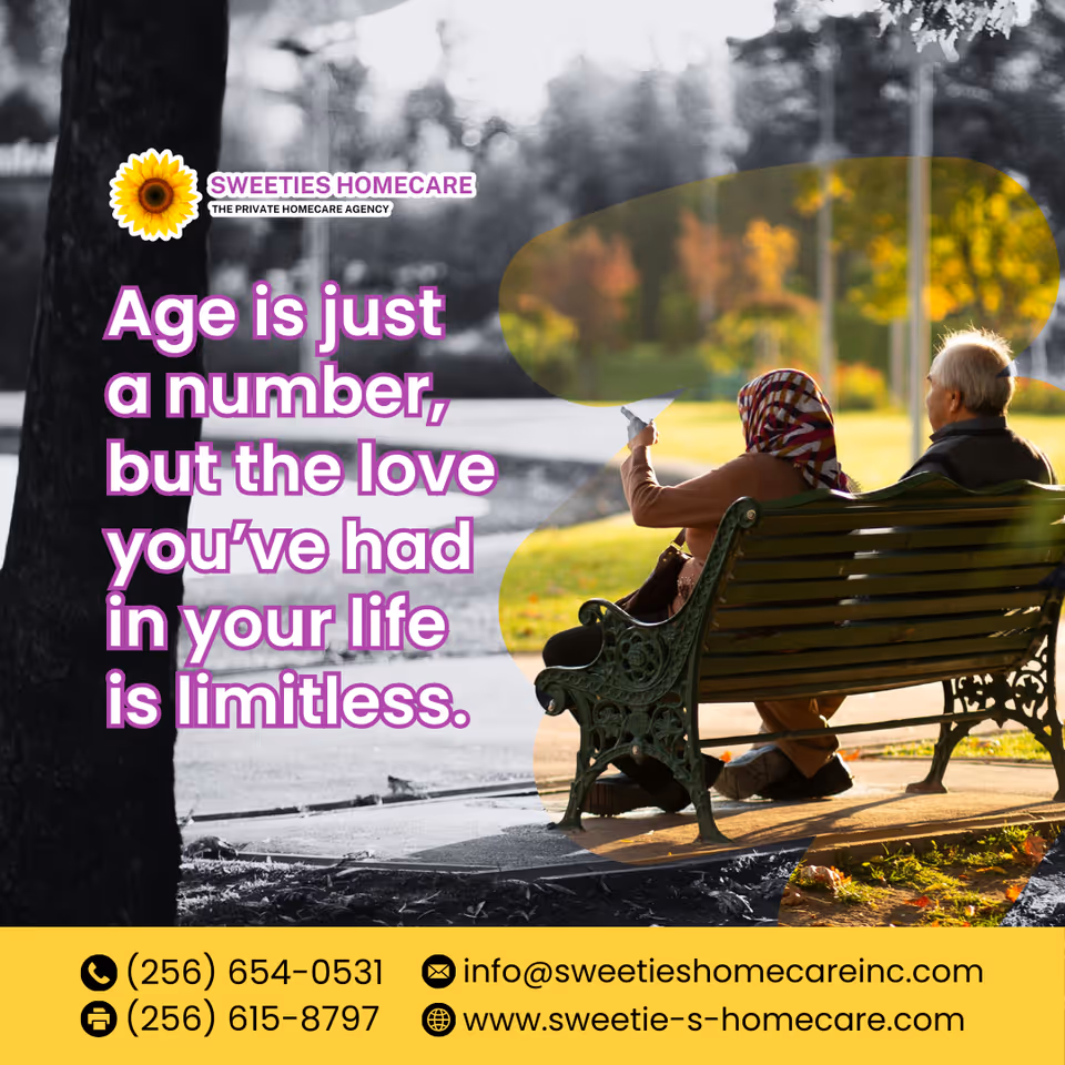 Two elderly people sit on a park bench outdoors, with large pink text overlay.