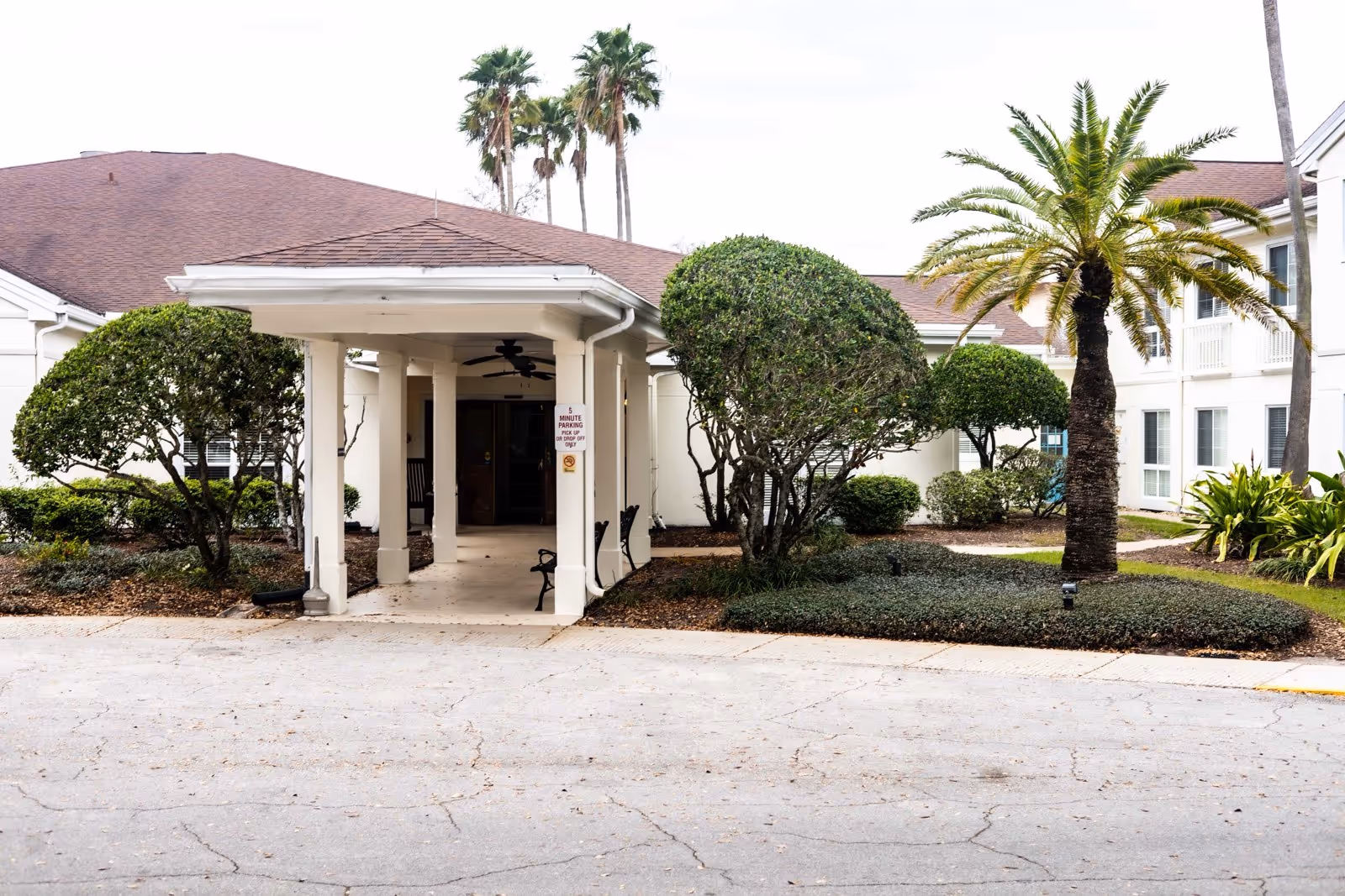 Ansley Cove facility entrance with a covered drop-off, palm trees, and landscaped shrubs.