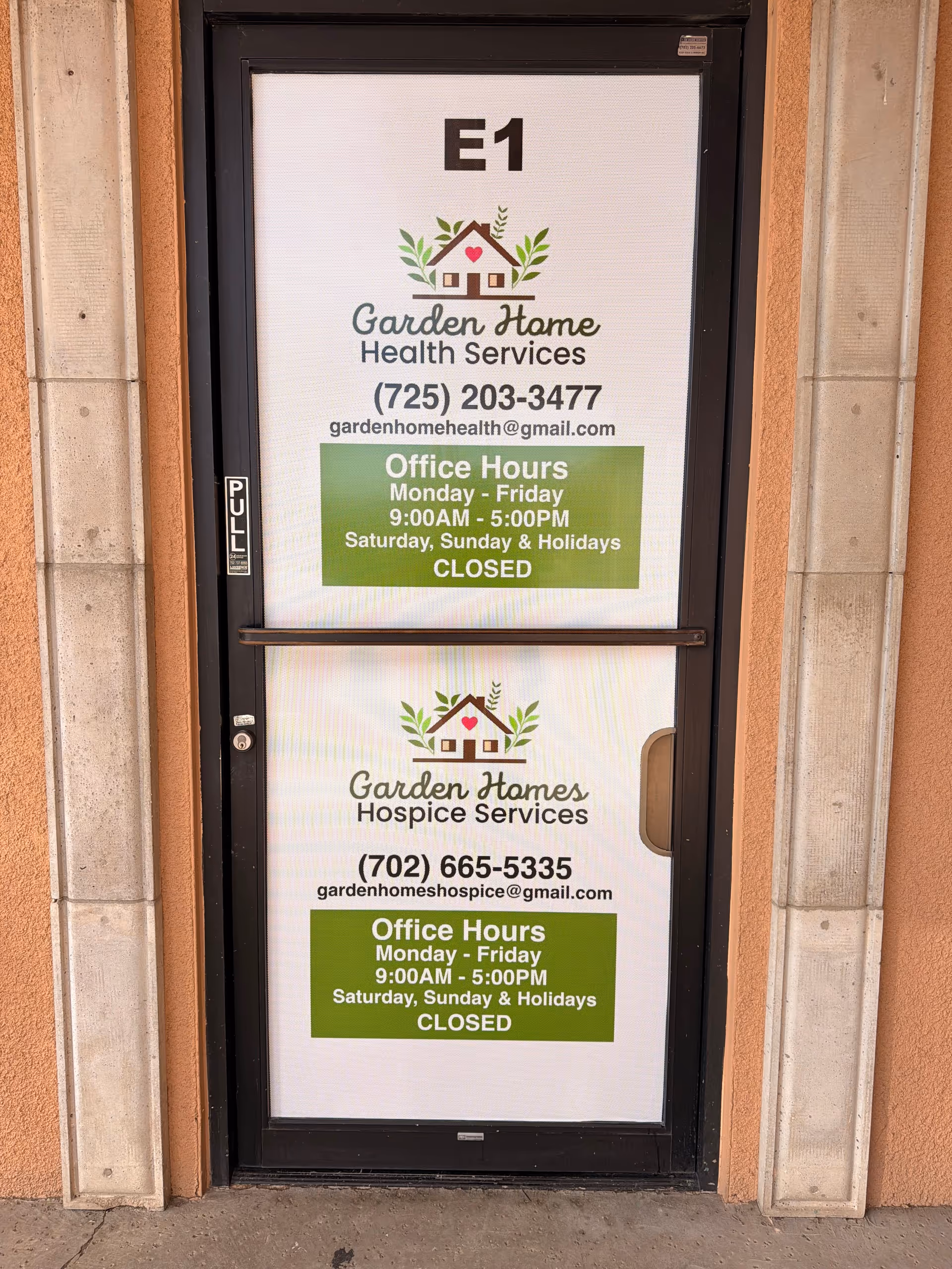 Exterior door featuring Garden Home Health Services and Hospice Services signage and hours.