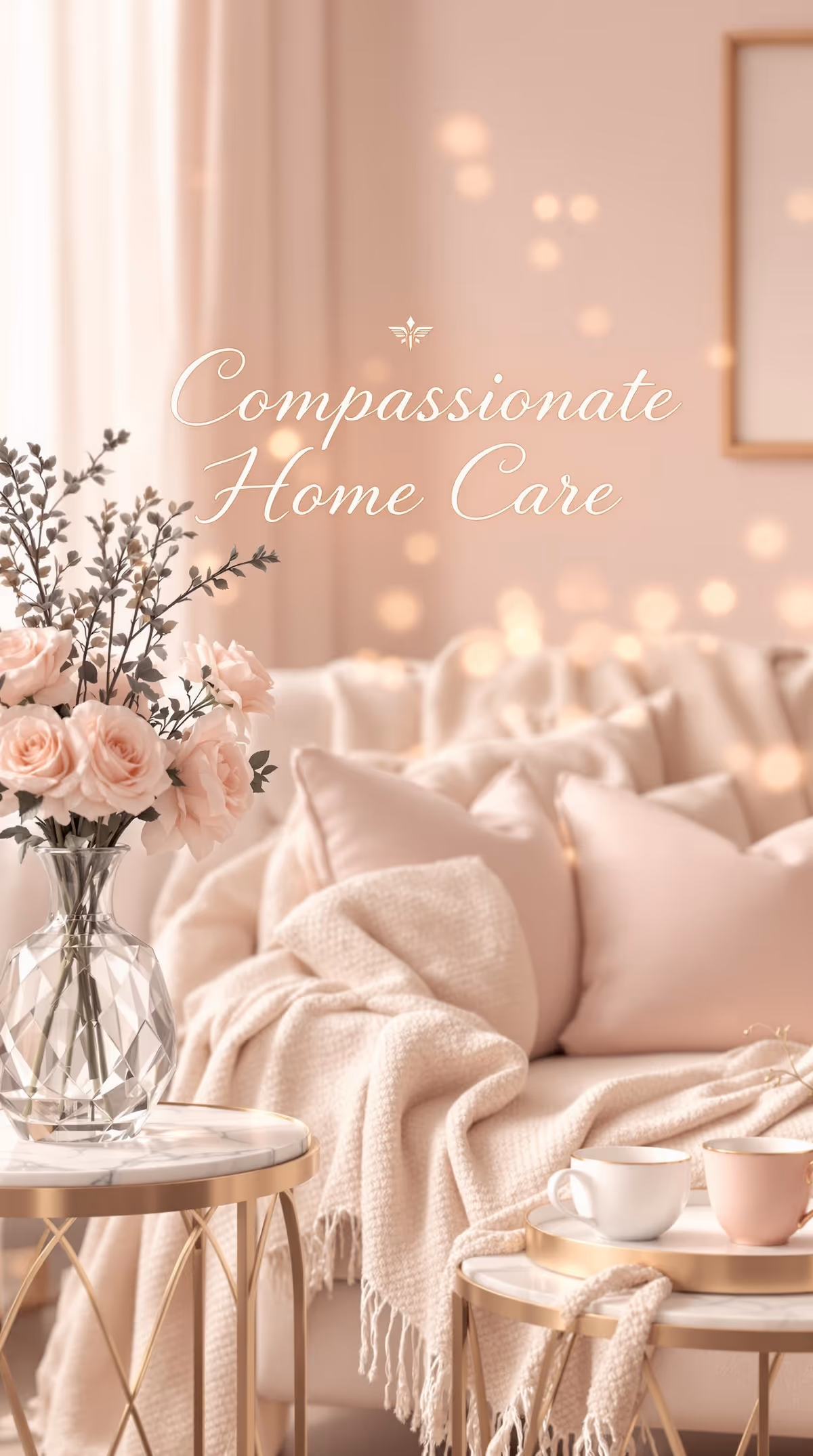 Soft pink living room with a floral vase, cozy sofa, blankets, and coffee cups.