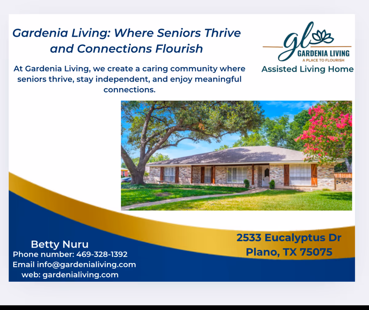 Promotional brochure showing Gardenia Living exterior building with lawn and trees.