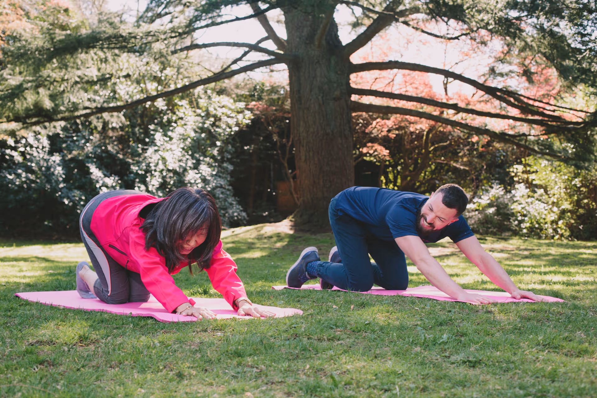 Two people on pink yoga mats exercise outdoors in a sunny garden.