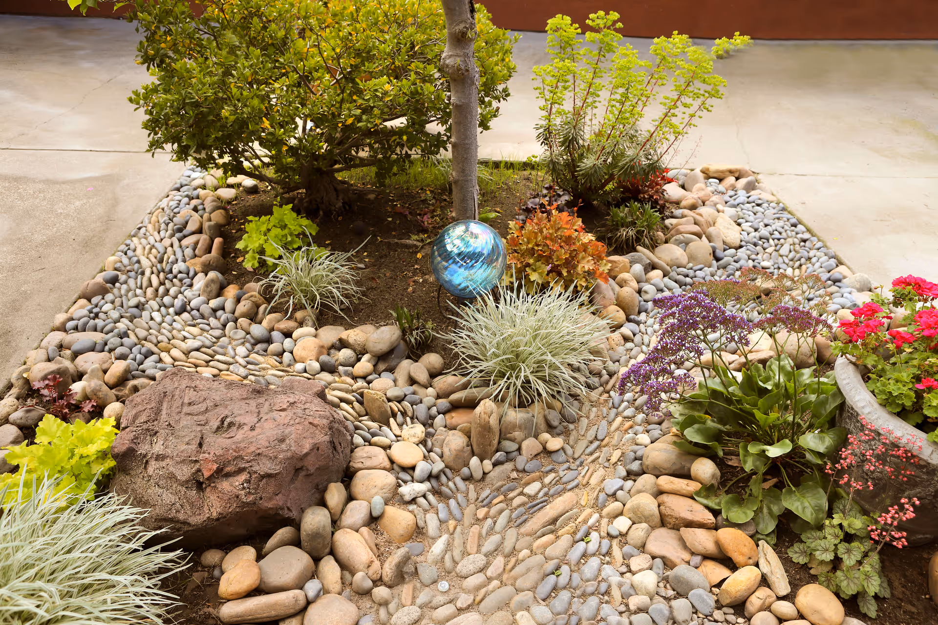 A small landscaped garden area with various plants, colorful flowers, and decorative rocks arranged in patterns. There is a blue reflective gazing ball near the center and a large rock on the left side. The garden is bordered by concrete pavement.