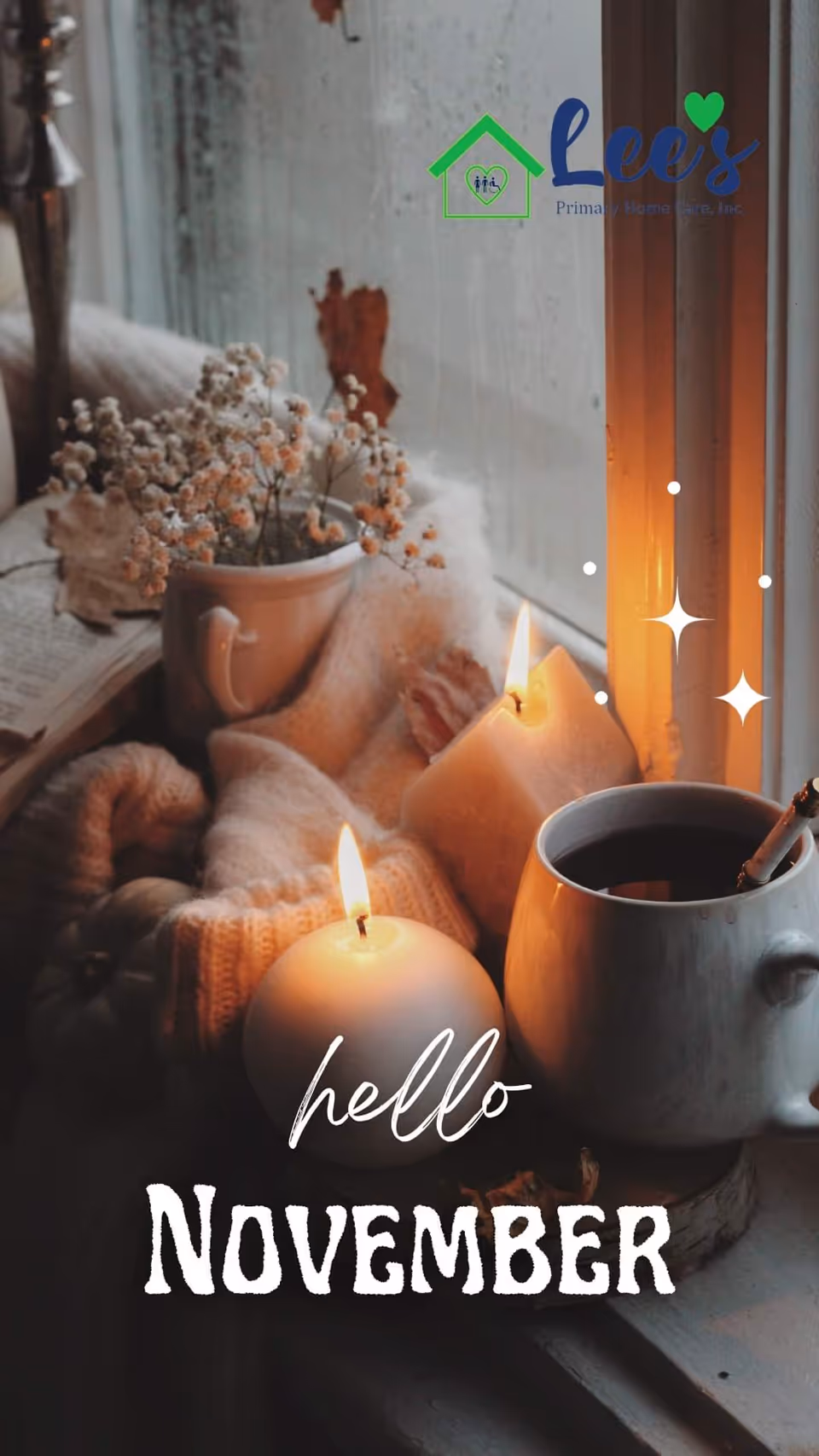 Cozy indoor scene with candles, mug, and knitted textiles by a window.