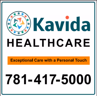 Sign reading Kavida Healthcare with logo, orange slogan banner, and large phone number.