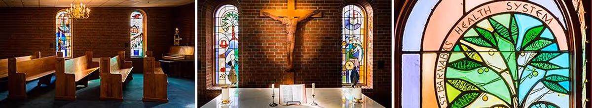 Interior view of a chapel with pews, altar, crucifix, and stained-glass windows.