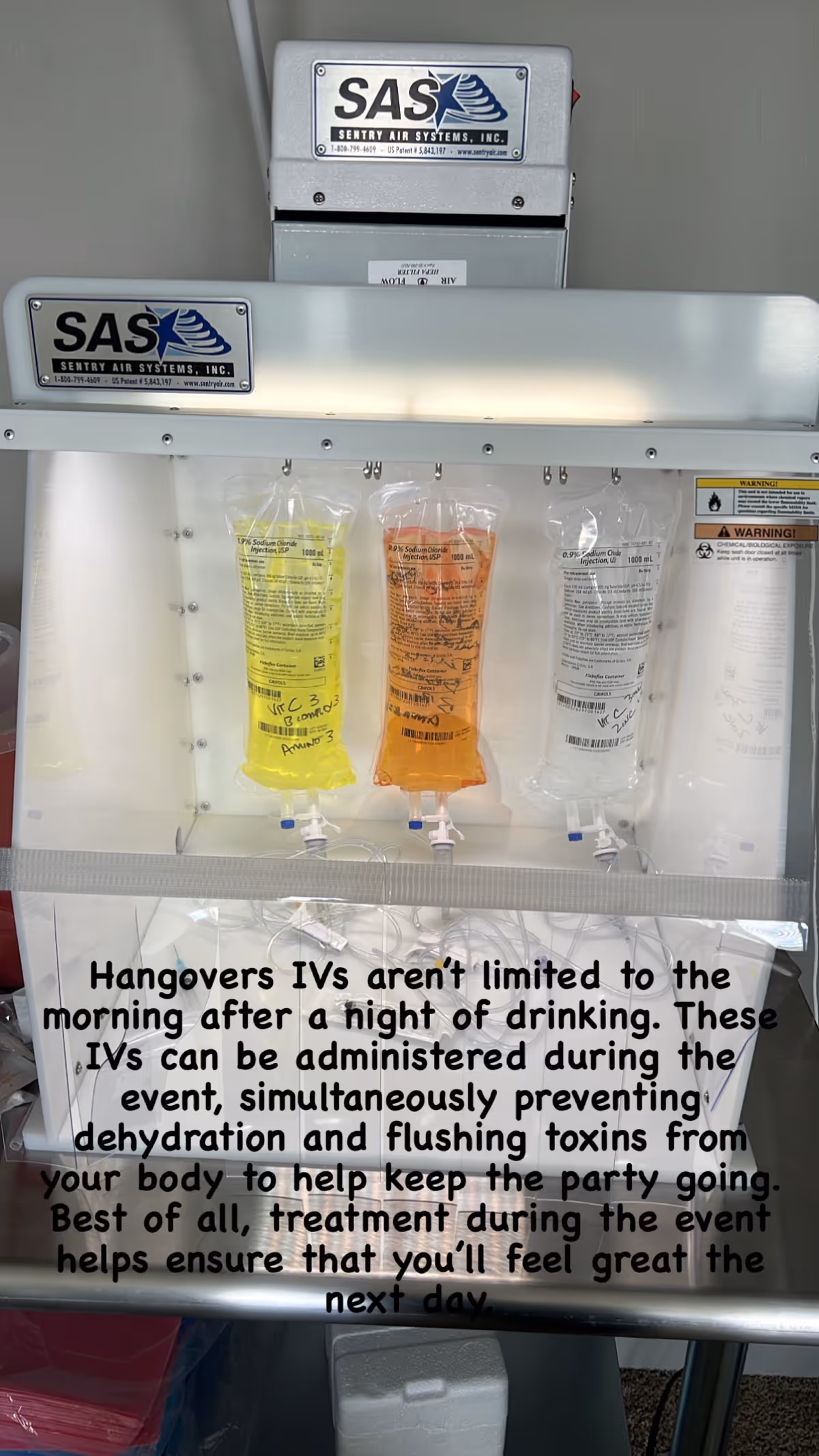 IV infusion equipment with labeled bags inside a clinical interior
