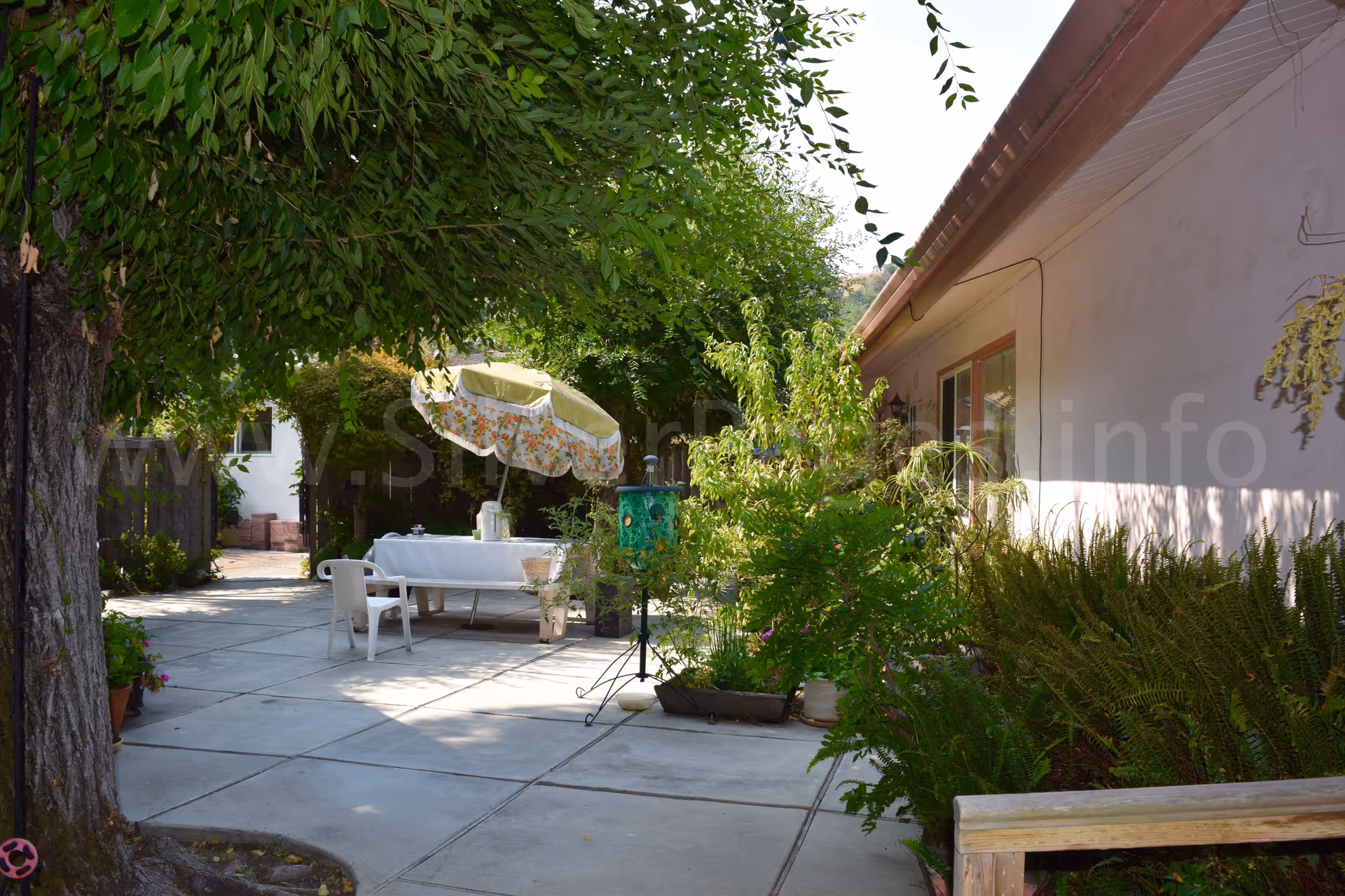 Outdoor courtyard at Granada Care Home No 1 with table, umbrella, and lush greenery.