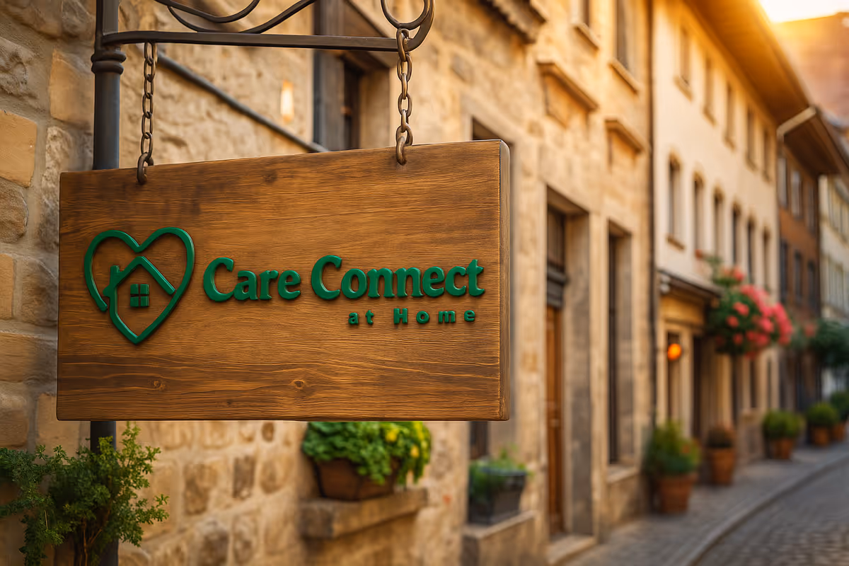 A wooden sign reading Care Connect at Home hangs on a stone building exterior.