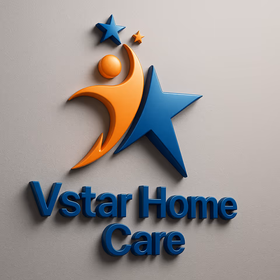 Wall sign displaying Vstar Home Care logo with blue star and orange figure on wall.