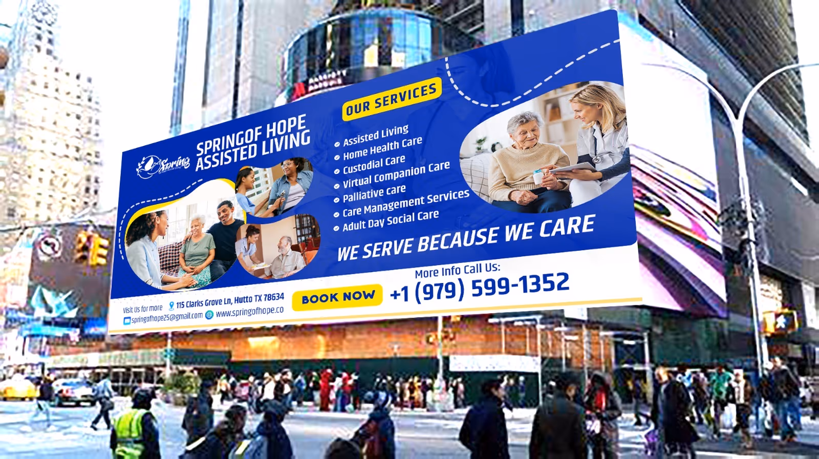 Large outdoor billboard on a city building advertising Spring of Hope Assisted Living with pedestrians nearby.