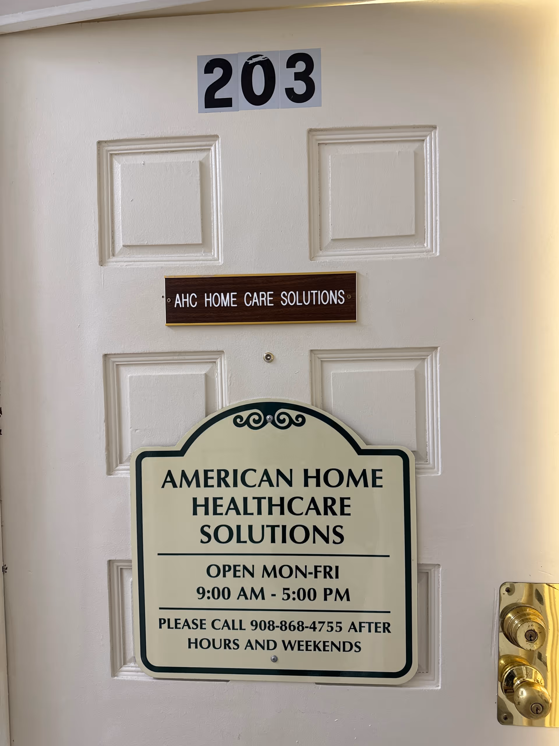 Interior door marked 203 with American Home Healthcare Solutions signage.