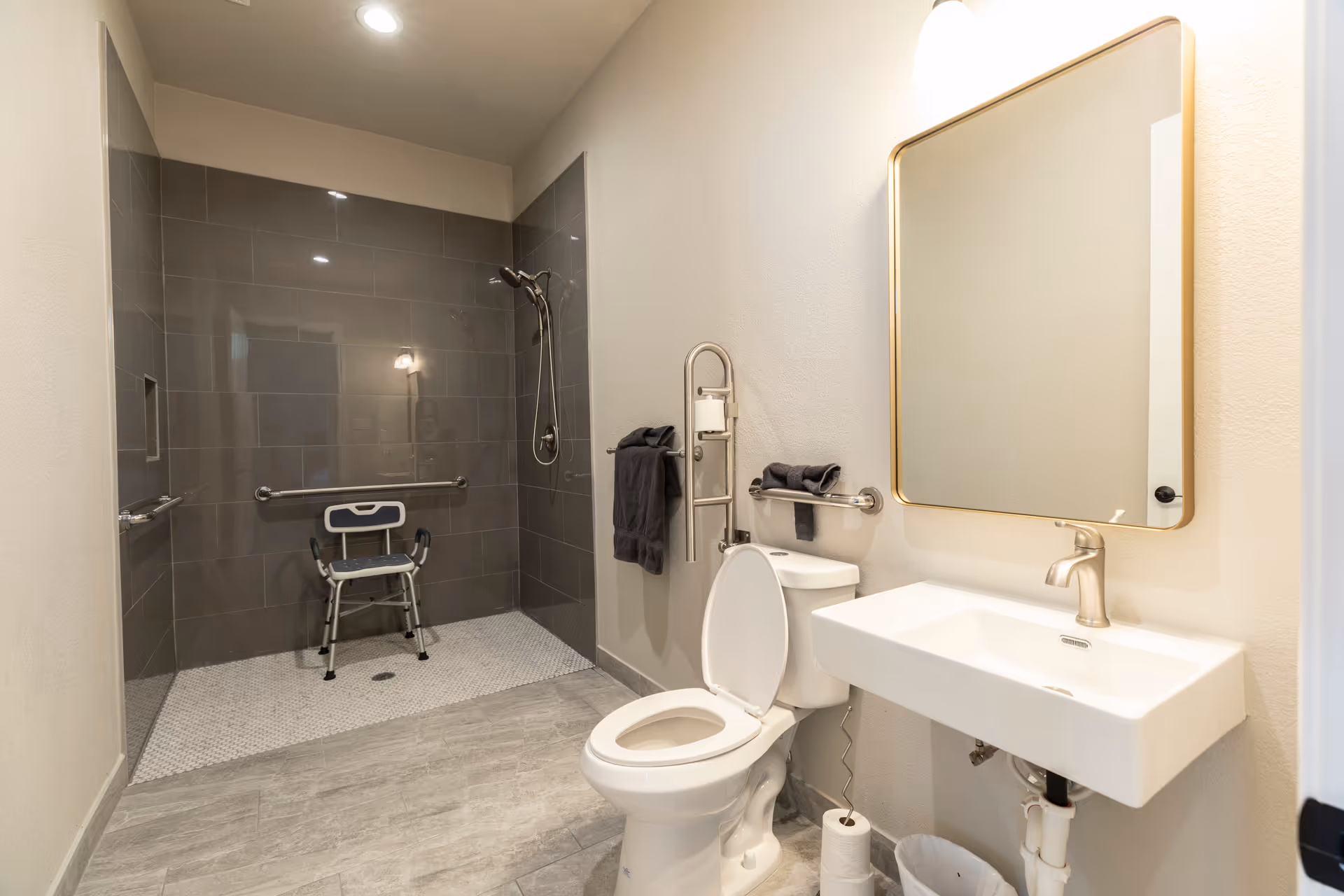 Accessible bathroom with shower, toilet, sink, and grab bars in a modern facility.
