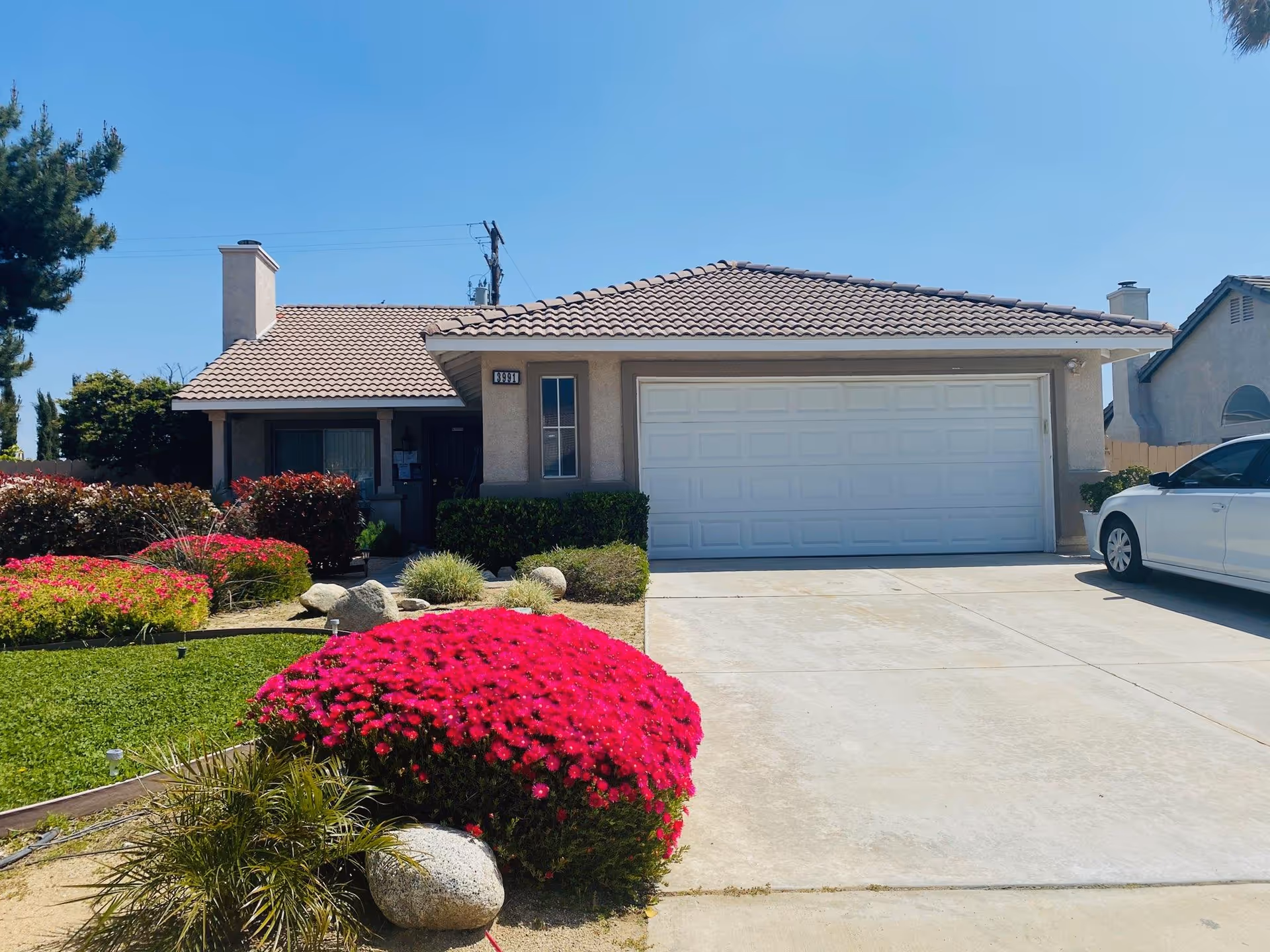 Front exterior view of Dove Tree Manor, single-story home with a two-car garage and vibrant flowers.