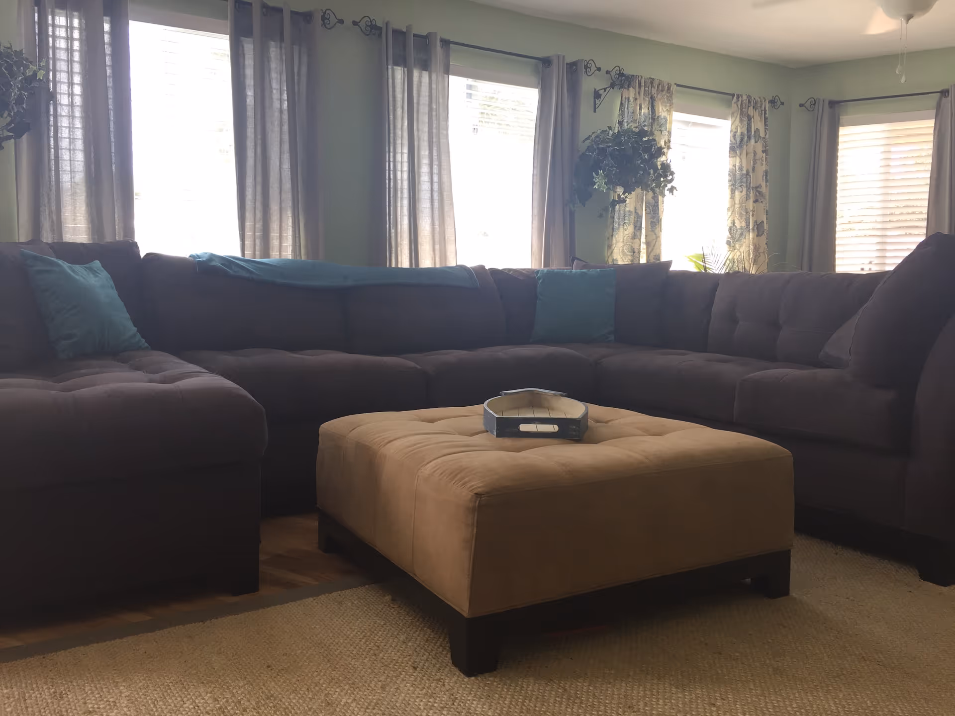 Bright living room with dark sectional sofa, beige ottoman, and plants near windows.