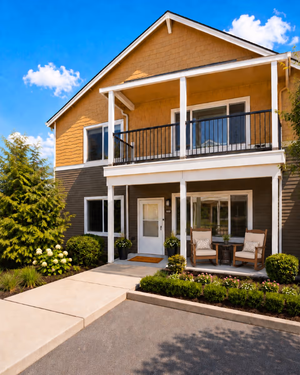 Two-story senior living building with a front porch, seating, and landscaping.