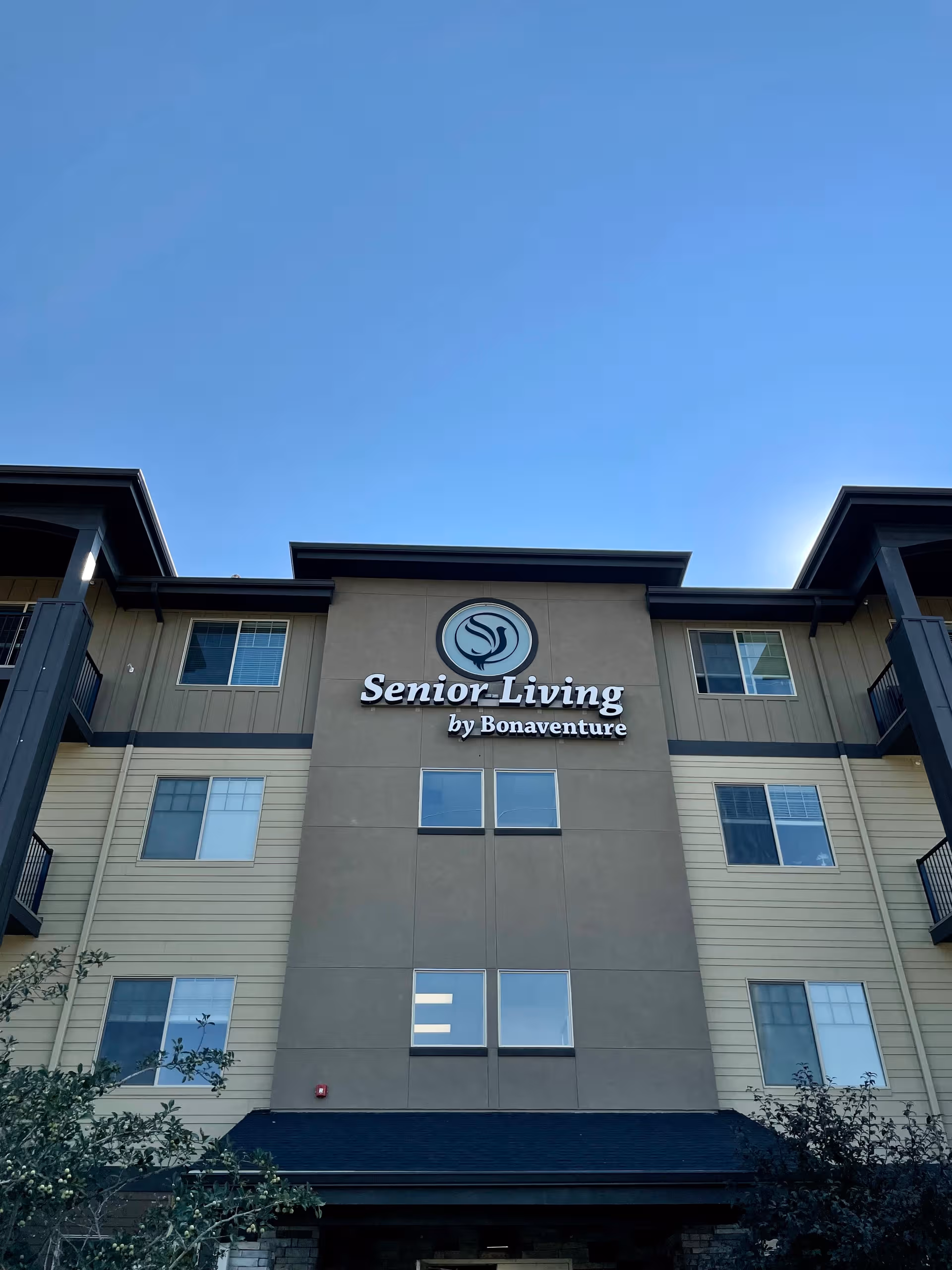 Facade of a multi-story senior living building with a Bonaventure sign.
