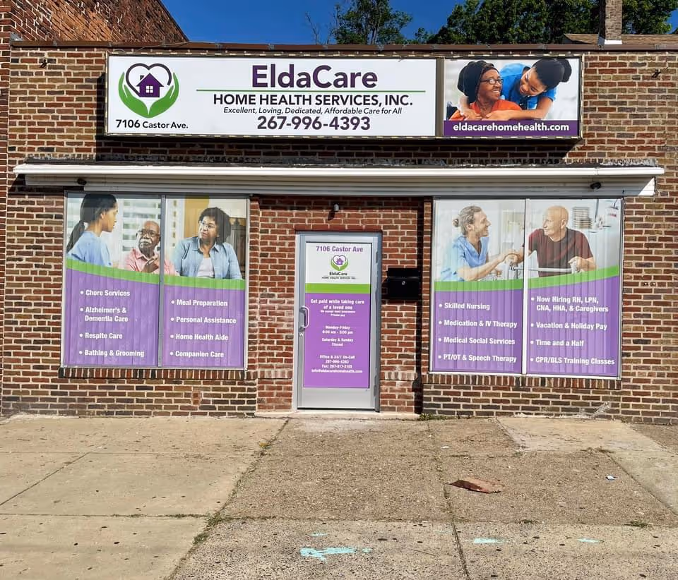 Brick storefront featuring EldaCare Home Health Services sign and promotional banners.