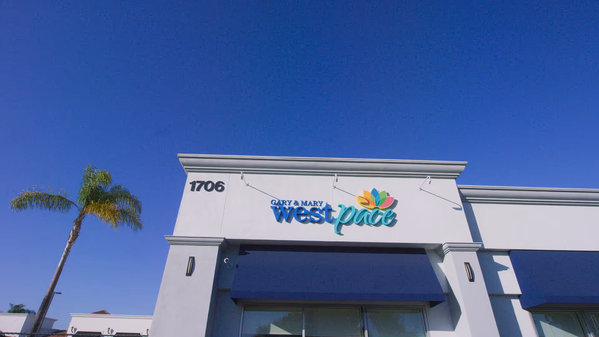 Exterior view of a building with a blue sign reading West Pace and a palm tree.