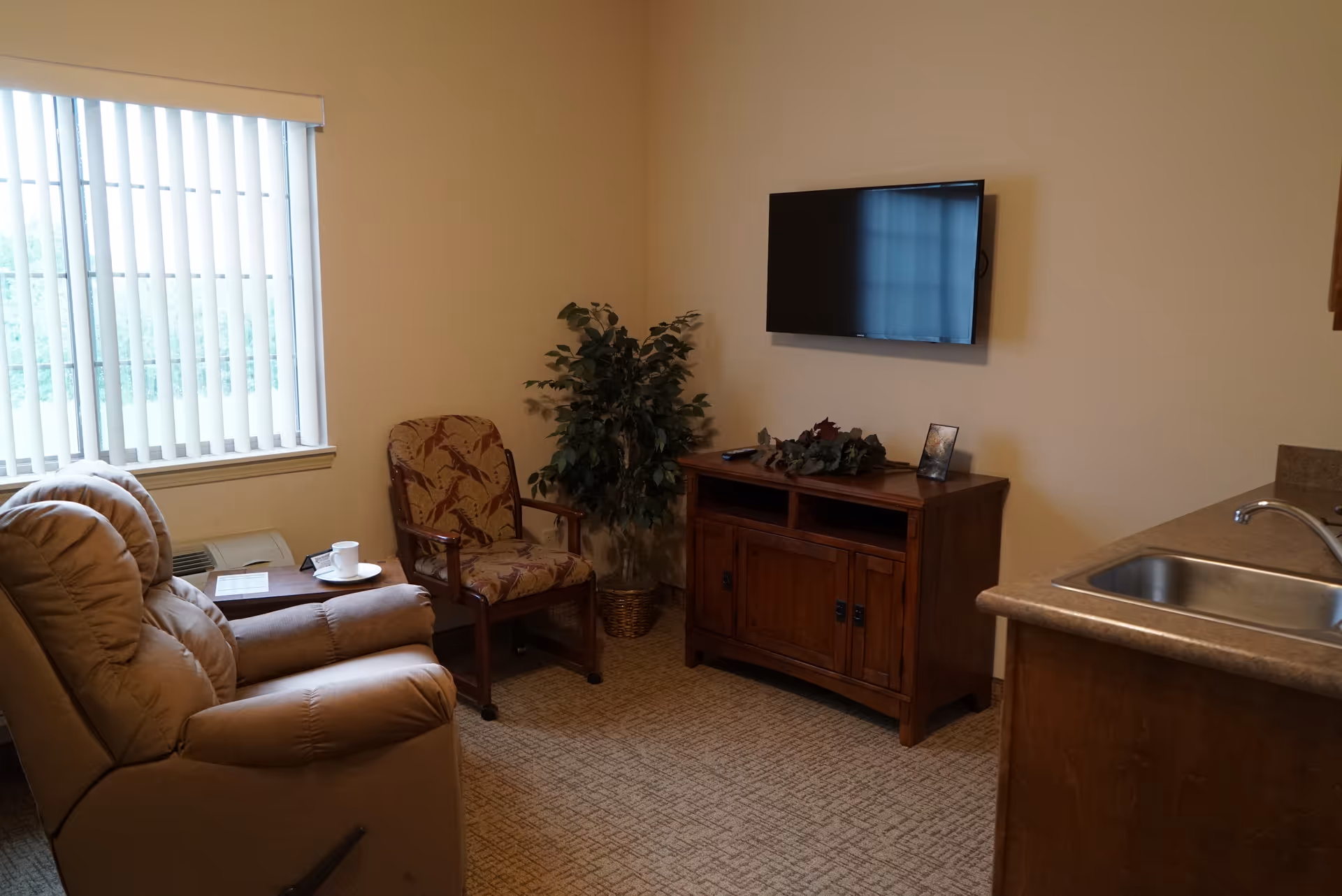 Cozy senior living room with recliner chairs, a wall TV, plant, and kitchenette area.