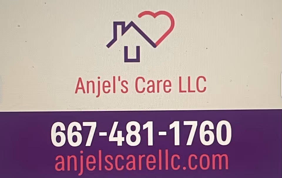 Sign on beige background showing Anjel's Care LLC logo, name, and contact information.